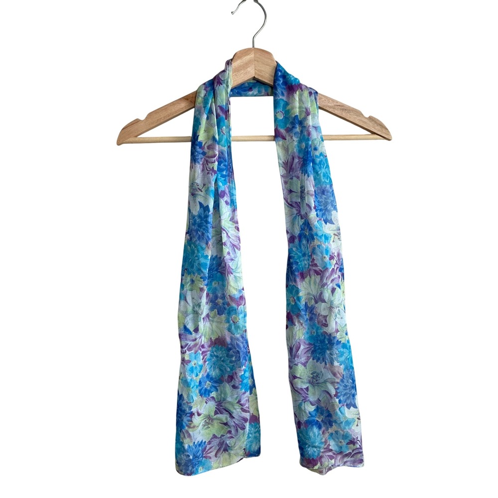 Unbranded Floral Print Oblong Scarf OS Blue Purple Women Lightweight Sheer